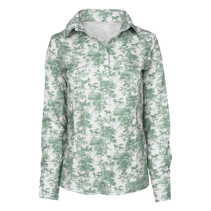 Dapplebay Equestrian Toile Button Down Western Shirt-Green/White