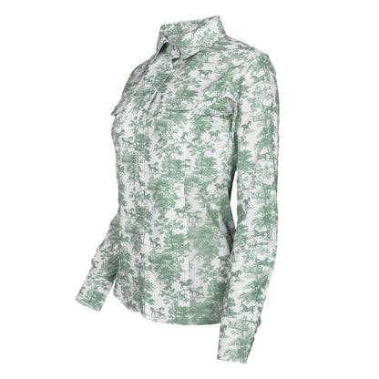 Dapplebay Equestrian Toile Button Down Western Shirt-Green/White