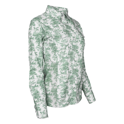 Dapplebay Equestrian Toile Button Down Western Shirt-Green/White