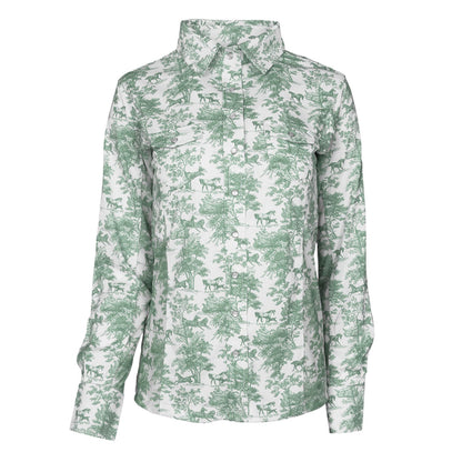 Dapplebay Equestrian Toile Button Down Western Shirt-Green/White
