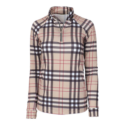 Dapplebay Holiday Plaid  Ladies 1/4 Zip Riding Top- Tan