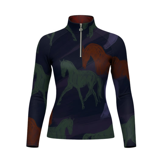 Dapplebay Abstract Horses 1/4 Zip LS Riding Top-Purple Dusk