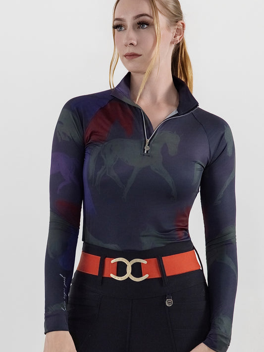 Dapplebay Abstract Horses 1/4 Zip LS Riding Top-Purple Dusk