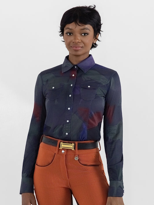 Dapplebay Abstract Horses Western Riding Top-Purple Dusk