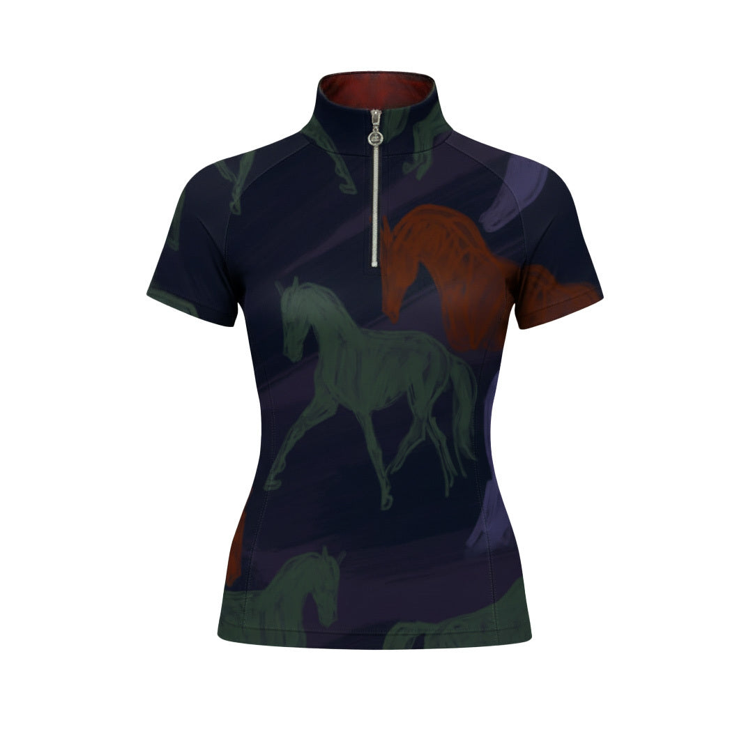 Dapplebay Abstract Horses 1/4 Zip SS Riding Top