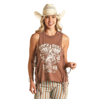 Rock & Roll Denim Ladies Graphic Tank w/ Fringe