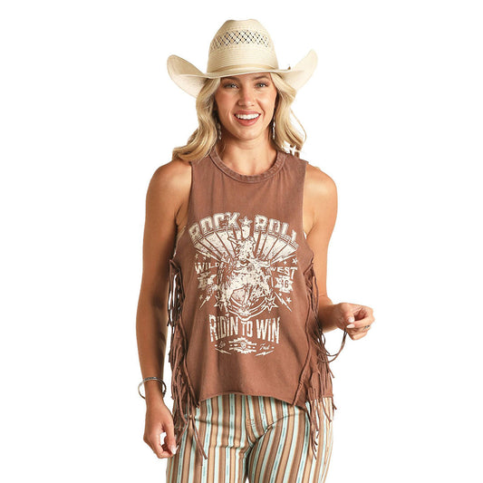 Rock & Roll Denim Ladies Graphic Tank w/ Fringe