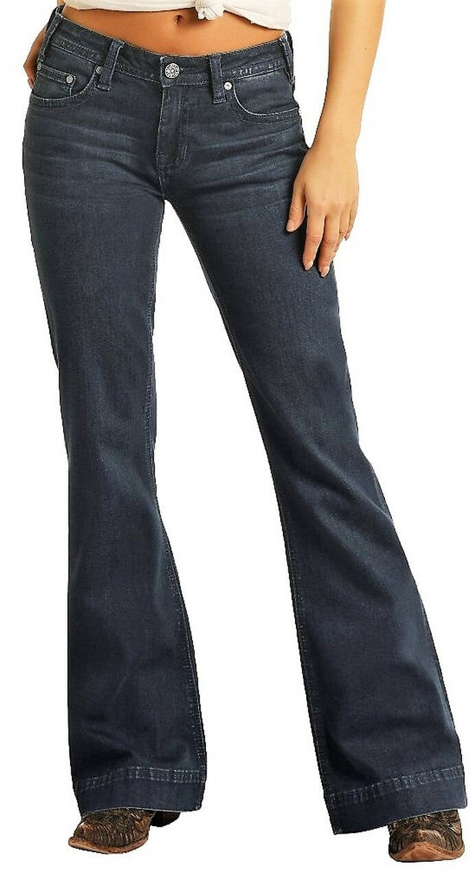 Rock & Roll Denim Ladies Mid Rise Extra Stretch Bootcut Riding Jeans- Dark Wash