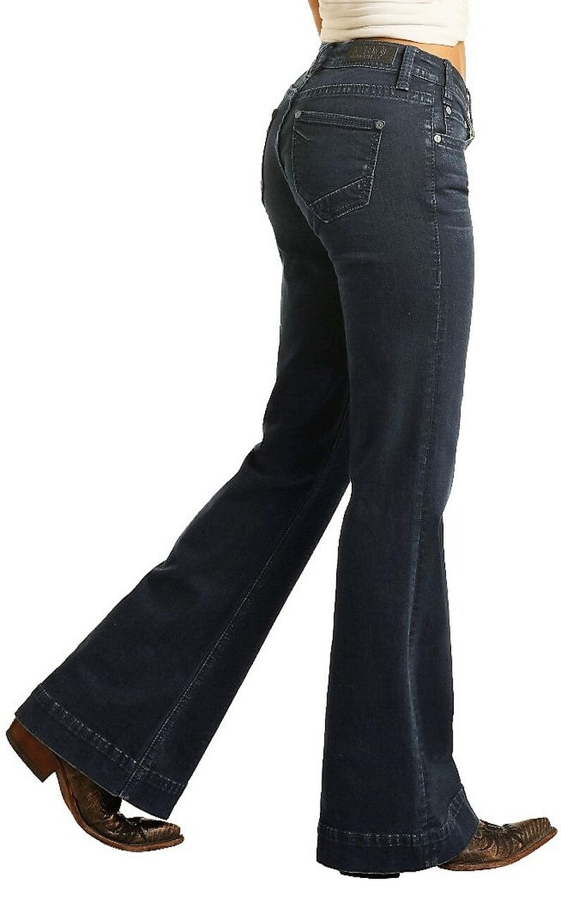 Rock & Roll Denim Ladies Mid Rise Extra Stretch Bootcut Riding Jeans- Dark Wash