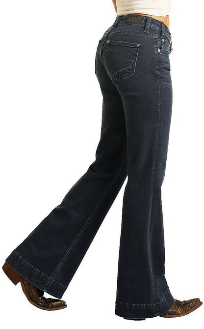 Rock & Roll Denim Ladies Mid Rise Extra Stretch Bootcut Riding Jeans- Dark Wash