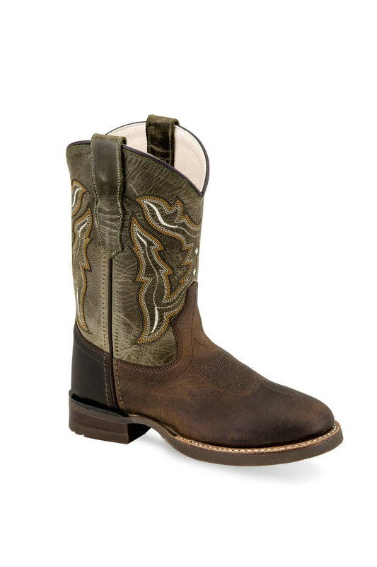 Old West Children's Brown and Olive Green Broad Square Round Toe Boot
