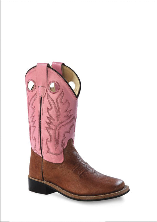 Old West Children's Tan Canyon and Pink Broad Square Toe Boot