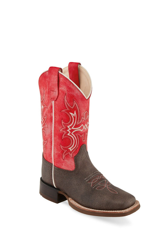 Old West Children's Wipe Out Brown and Dark Pink Broad Square Toe Boots