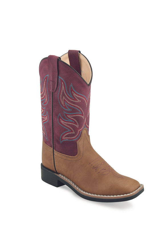 Old West Children's Light Tan and Burgundy All Over Leatherette Broad Square Toe Boot
